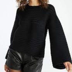 Chunky Crochet Knit Sweater Cozy Bell Sleeve Black Womens Size L
